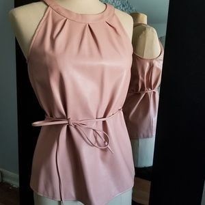 Faux leather pleated sleeveless pink top